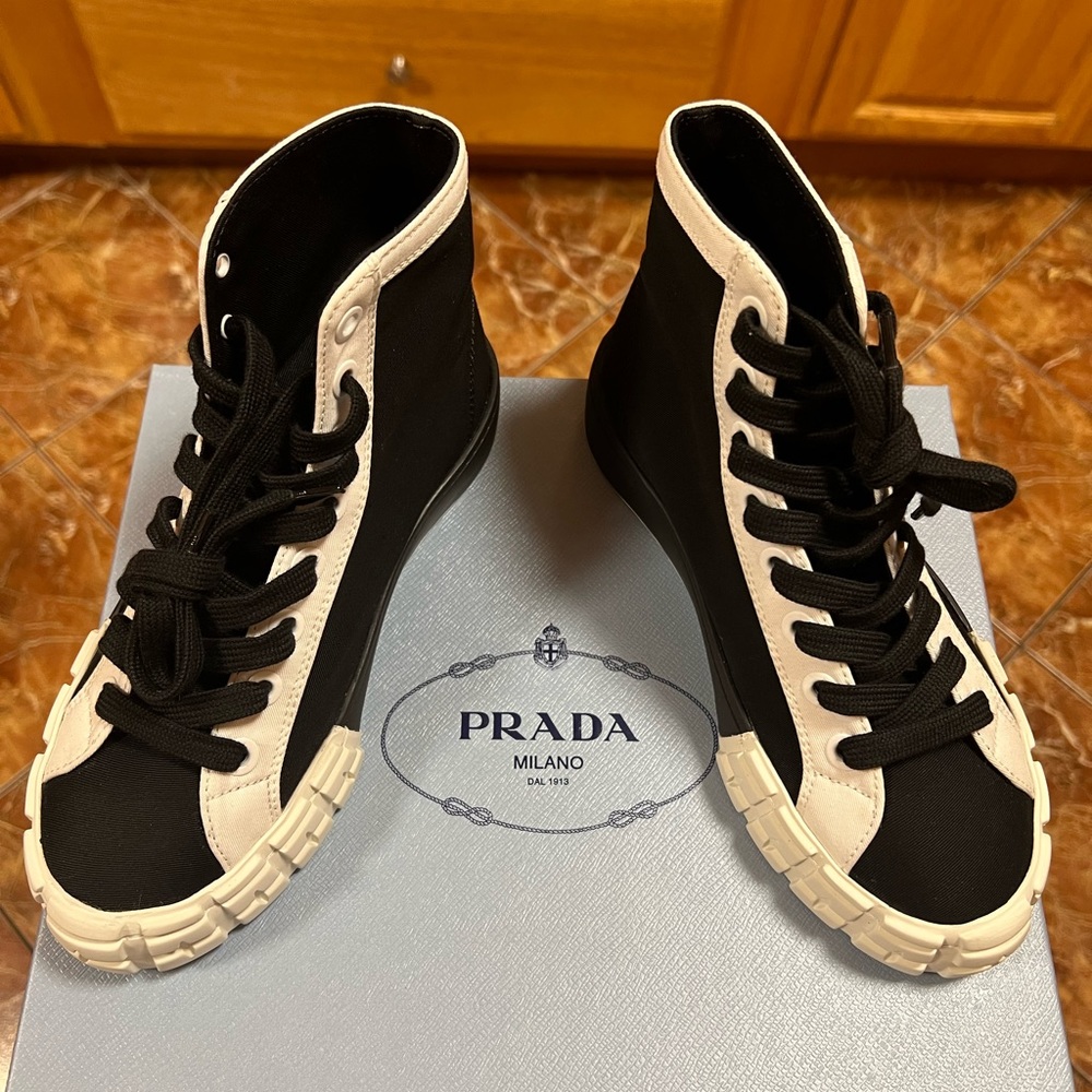 Authentic Prada Gabardine Bicol High Top Sneakers (Black/White) Women’s Size 37